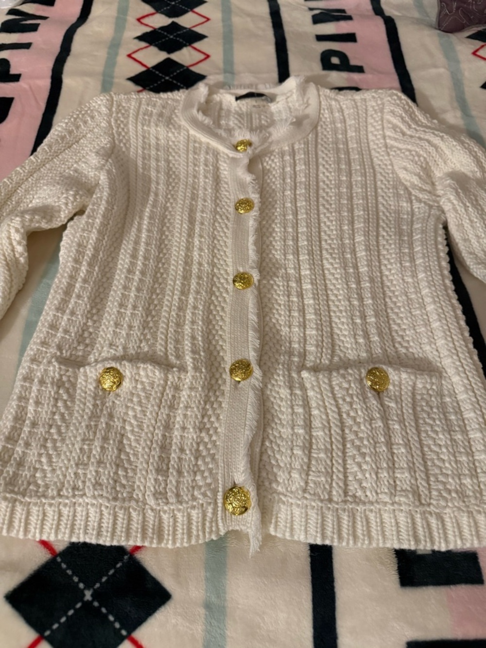Tahari White Knit Cardigan with Gold Buttons